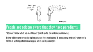 People are seldom aware that they have paradigms
“We don’t know what we don’t know” (blind spots, the unknown unknowns)
Being told we are wrong isn’t pleasant; can feel invalidating & accusatory (the ego) when one’s
sense of self importance is wrapped up in one’s paradigms
 