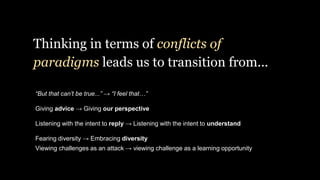 Thinking in terms of conflicts of
paradigms leads us to transition from...
“But that can’t be true...” → “I feel that…”
Giving advice → Giving our perspective
Listening with the intent to reply → Listening with the intent to understand
Fearing diversity → Embracing diversity
Viewing challenges as an attack → viewing challenge as a learning opportunity
 