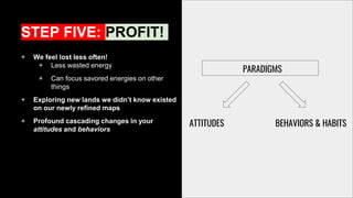 + We feel lost less often!
+ Less wasted energy
+ Can focus savored energies on other
things
+ Exploring new lands we didn’t know existed
on our newly refined maps
+ Profound cascading changes in your
attitudes and behaviors
STEP FIVE: PROFIT!
ATTITUDES BEHAVIORS & HABITS
PARADIGMS
 