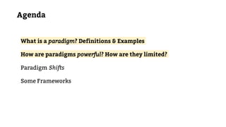 Agenda
What is a paradigm? Definitions & Examples
How are paradigms powerful? How are they limited?
Paradigm Shifts
Some Frameworks
 