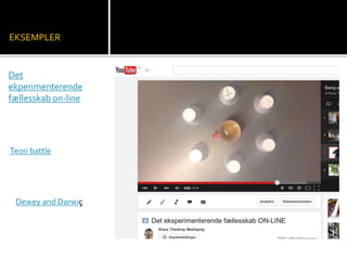 EKSEMPLER 
Det 
ekperimenterende 
fællesskab on-line 
Teori battle 
Dewey and Darwiç 
 