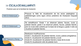 Predictor para ver la facilidad de intubación
1985 Dr Mallampati
1987 Sasoom y Y
oung
Propuso la falta de visualización de los arcos palatogloso y
palatofaringeo como signo clínico predictivo de intubación traqueal
difícil.
Se estratificaron: Grado 1 se observan pilares, fauces, úvula y
paladar blando, grado 2 se observan pilares, fauces, paladar blando,
pero la úvula está cubierta por la base de la lengua y grado 3 sólo se
visualiza el paladar blando.
Realizaron modificaciones:
Grado I, visualización de paladar blando, úvula y pilares amigdalinos
Grado II, visualización de paladar blando y úvula
Grado III, visualización de paladar blando y base de la úvula
Grado IV
, visualización sólo de paladar duro
ESCALADEMALLAMPATI
1983 Dr Mallampati
 