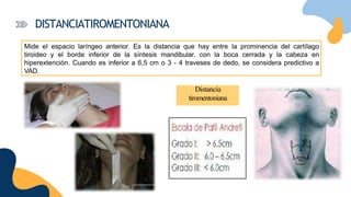 Distancia
tiromentoniana
DISTANCIATIROMENTONIANA
Mide el espacio laríngeo anterior. Es la distancia que hay entre la prominencia del cartílago
tiroideo y el borde inferior de la síntesis mandibular, con la boca cerrada y la cabeza en
hiperextención. Cuando es inferior a 6,5 cm o 3 - 4 traveses de dedo, se considera predictivo a
VAD.
 