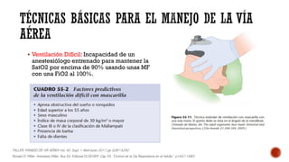 ▪ Ventilación Difícil: Incapacidad de un
anestesiólogo entrenado para mantener la
SatO2 por encima de 90% usando unas MF
con una FiO2 al 100%.
Ronald D. Miller. Anestesia Miller. 8va Ed. Editorial ELSEVIER Cap 55. “Control de la Vía Respiratoria en el Adulto”. p1647-1683
TALLER: MANEJO DE VÍA AÉREA Vol. 40. Supl. 1 Abril-Junio 2017 pp S287-S292
 