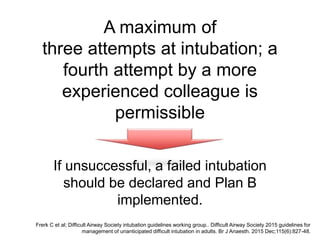 Frerk C et al; Difficult Airway Society intubation guidelines working group.. Difficult Airway Society 2015 guidelines for
management of unanticipated difficult intubation in adults. Br J Anaesth. 2015 Dec;115(6):827-48.
A maximum of
three attempts at intubation; a
fourth attempt by a more
experienced colleague is
permissible
If unsuccessful, a failed intubation
should be declared and Plan B
implemented.
 
