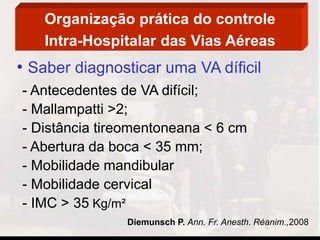 Organização prática do controle
Intra-Hospitalar das Vias Aéreas
• Saber diagnosticar uma VA díficil
- Antecedentes de VA difícil;
- Mallampatti >2;
- Distância tireomentoneana < 6 cm
- Abertura da boca < 35 mm;
- Mobilidade mandibular
- Mobilidade cervical
- IMC > 35 Kg/m²
Diemunsch P. Ann. Fr. Anesth. Réanim.,2008
 