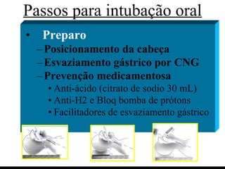 Passos para intubação oral Preparo Posicionamento da cabeça Esvaziamento gástrico por CNG Prevenção medicamentosa Anti-ácido (citrato de sodio 30 mL) Anti-H2 e Bloq bomba de prótons Facilitadores de esvaziamento gástrico 
