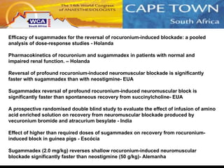 Efficacy of sugammadex for the reversal of rocuronium-induced blockade: a pooled analysis of dose-response studies - Holanda Pharmacokinetics of rocuronium and sugammadex in patients with normal and impaired renal function. – Holanda Reversal of profound rocuronium-induced neuromuscular blockade is significantly faster with sugammadex than with neostigmine- EUA Sugammadex reversal of profound rocuronium-induced neuromuscular block is significantly faster than spontaneous recovery from succinylcholine- EUA A prospective randomised double blind study to evaluate the effect of infusion of amino acid enriched solution on recovery from neuromuscular blockade produced by vecuronium bromide and atracurium besylate - India Effect of higher than required doses of sugammadex on recovery from rocuronium-induced block in guinea pigs - Escócia Sugammadex (2.0 mg/kg) reverses shallow rocuronium-induced neuromuscular blockade significantly faster than neostigmine (50 g/kg)-  Alemanha 
