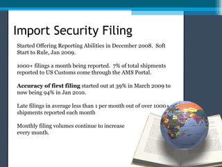Import Security Filing
Started Offering Reporting Abilities in December 2008. Soft
Start to Rule, Jan 2009.

1000+ filings a month being reported. 7% of total shipments
reported to US Customs come through the AMS Portal.

Accuracy of first filing started out at 39% in March 2009 to
now being 94% in Jan 2010.

Late filings in average less than 1 per month out of over 1000+
shipments reported each month

Monthly filing volumes continue to increase
every month.
 