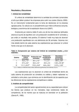 Resultados y Discusiones

1. Umbral de rentabilidad

     El umbral de rentabilidad determina la cantidad de animales comerciales
al año que deben producir las empresas para cubrir sus costes (García, 2000).
Es un instrumento fundamental para la toma de decisiones en la empresa
agropecuarias. Su cálculo es un procedimiento que mide la eficiencia conjunta,
biológica y económica de la explotación Acero et al (2007).

     Analizando por sistema (tabla II) solo uno de los tres sistemas tipificados
alcanza el punto de equilibrio con una producción excedente de 61 animales y
por ende un resultado neto positivo. El sistema II está muy lejos de alcanzar
una producción equilibrada con una deficiencia de 39 animales. Veremos con
más detalle dentro de cada sistema las explotaciones que alcanzan el umbral
frente a las que no lo alcanzan.


Tabla II. Comparación por sistema del Umbral de rentabilidad (media + error
estándar).

                    Producción                                     Producción                Resultados
                                          Producción real
   Sistema            umbral                                      excedentaria               Económico
                                            (animales)
                    (animales)                                     (animales)                Neto($ USD)
                              a                          a                                              b
        I           45,8 + 7,3              38,1 + 7,3              -7,7 + 4,7              -288,5 + 208
                                 a                       a                                                  a
       II           67,5 + 6,8              28,0 + 4,2              -39,5 + 3,9           -1.635 + 291,98
                                     ab                      b                                          c
       III        111,7 + 20,5             172,5 + 24,6            60,8 + 30,0              2.373 + 1.022
   a, b, c: medias con diferentes letras indican diferencias significativas entre sistemas (P<0,01)



     Las explotaciones que no alcancen el umbral de rentabilidad dentro de
cada sistema de producción se considera no viables y deben replantear su
actividad a corto plazo, que comienza con la identificación de los aspectos que
las diferencian de las explotaciones competitivas o viables.

2. Análisis de competitividad

     La competitividad del sector agroalimentario es su capacidad para colocar
los bienes que produce en los mercados, bajo condiciones leales de
competencia, de tal manera que se traduzca en bienestar en la población
(Garcia R., 1995).




                                                                                                                7
 