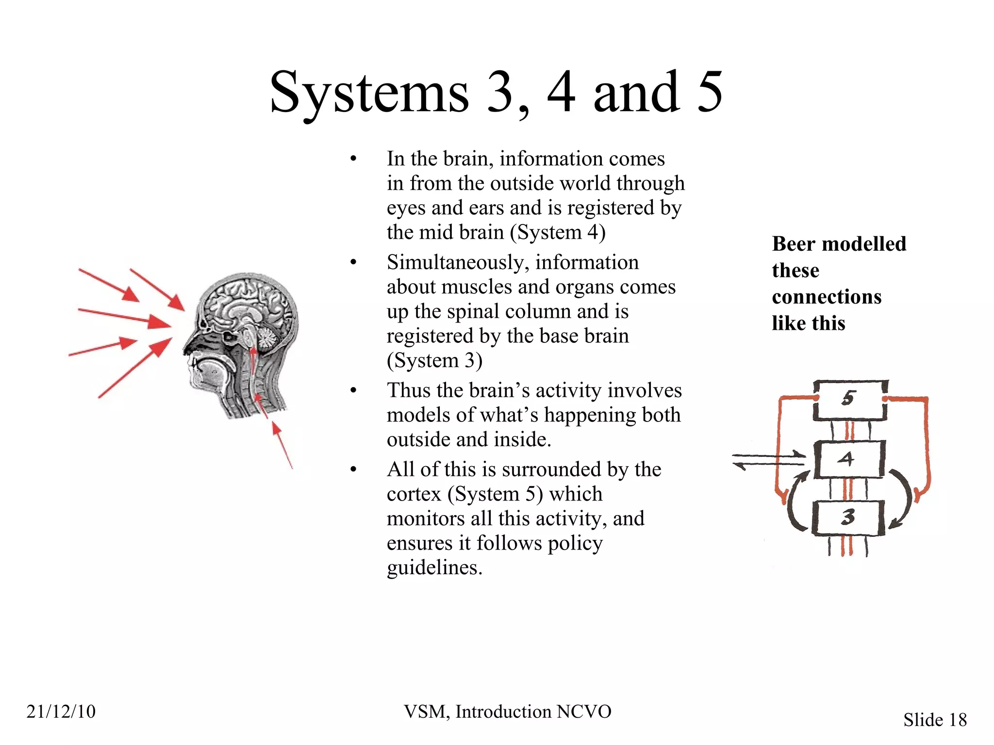Systems 3, 4 and 5 In the brain, information comes in from the outside world through eyes and ears and is registered by the mid brain (System 4)  Simultaneously, information about muscles and organs comes up the spinal column and is registered by the base brain (System 3) Thus the brain’s activity involves models of what’s happening both outside and inside. All of this is surrounded by the cortex (System 5) which monitors all this activity, and ensures it follows policy guidelines. Beer modelled these connections  like this 