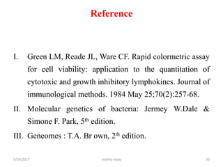 Reference
I. Green LM, Reade JL, Ware CF. Rapid colormetric assay
for cell viability: application to the quantitation of
cytotoxic and growth inhibitory lymphokines. Journal of
immunological methods. 1984 May 25;70(2):257-68.
II. Molecular genetics of bacteria: Jermey W.Dale &
Simone F. Park, 5th edition.
III. Geneomes : T.A. Br own, 2th edition.
viablity assay 205/29/2017
 