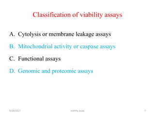 Classification of viability assays
A. Cytolysis or membrane leakage assays
B. Mitochondrial activity or caspase assays
C. Functional assays
D. Genomic and proteomic assays
5/29/2017 viablity assay 7
 