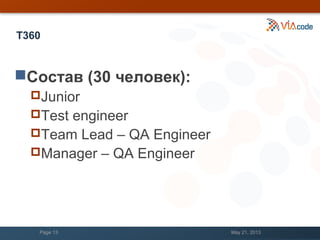 Т360
Состав (30 человек):
Junior
Test engineer
Team Lead – QA Engineer
Manager – QA Engineer
May 21, 2013Page 13
 