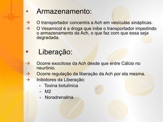 Armazenamento: O transportador concentra a Ach em vesículas sinápticas. O Vesamicol é a droga que inibe o transportador impedindo o armazenamento da Ach, o que faz com que essa seja degradada. Liberação: Ocorre exocitose da Ach desde que entre Cálcio no neurônio. Ocorre regulação da liberação da Ach por ela mesma. Inibidores da Liberação:    -  Toxina botulínica -  M2 -  Noradrenalina 