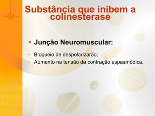 Substância que inibem a colinesterase Junção Neuromuscular: Bloqueio de despolarizarão; Aumento na tensão da contração espasmódica. 