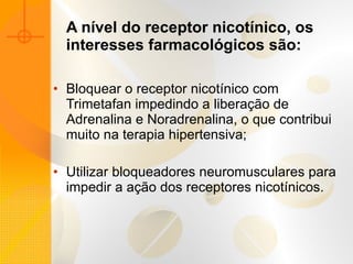 A nível do receptor nicotínico, os interesses farmacológicos são: Bloquear o receptor nicotínico com Trimetafan impedindo a liberação de Adrenalina e Noradrenalina, o que contribui muito na terapia hipertensiva; Utilizar bloqueadores neuromusculares para impedir a ação dos receptores nicotínicos. 