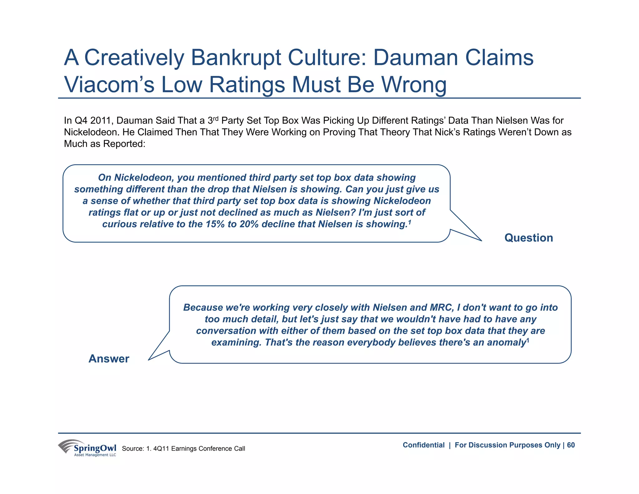 60Confidential | For Discussion Purposes Only |
A Creatively Bankrupt Culture: Dauman Claims
Viacom’s Low Ratings Must Be Wrong
In Q4 2011, Dauman Said That a 3rd Party Set Top Box Was Picking Up Different Ratings’ Data Than Nielsen Was for
Nickelodeon. He Claimed Then That They Were Working on Proving That Theory That Nick’s Ratings Weren’t Down as
Much as Reported:
On Nickelodeon, you mentioned third party set top box data showing
something different than the drop that Nielsen is showing. Can you just give us
a sense of whether that third party set top box data is showing Nickelodeon
ratings flat or up or just not declined as much as Nielsen? I'm just sort of
curious relative to the 15% to 20% decline that Nielsen is showing.1
Because we're working very closely with Nielsen and MRC, I don't want to go into
too much detail, but let's just say that we wouldn't have had to have any
conversation with either of them based on the set top box data that they are
examining. That's the reason everybody believes there's an anomaly1
Question
Answer
60Source: 1. 4Q11 Earnings Conference Call
 