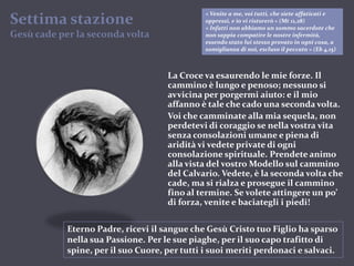 SettimastazioneGesù cade per la seconda volta« Venite a me, voi tutti, che siete affaticati e oppressi, e io vi ristorerò » (Mt 11,28)« Infatti non abbiamo un sommo sacerdote che non sappia compatire le nostre infermità, essendo stato lui stesso provato in ogni cosa, a somiglianza di noi, escluso il peccato » (Eb 4,15)La Croce va esaurendo le mie forze. Il cammino è lungo e penoso; nessuno si avvicina per porgermi aiuto: e il mio affanno è tale che cado una seconda volta.Voi che camminate alla mia sequela, non perdetevi di coraggio se nella vostra vita senza consolazioni umane e piena di aridità vi vedete private di ogni consolazione spirituale. Prendete animo alla vista del vostro Modello sul cammino del Calvario. Vedete, è la seconda volta che cade, ma si rialza e prosegue il cammino fino al termine. Se volete attingere un po’ di forza, venite e baciategli i piedi! Eterno Padre, ricevi il sangue che Gesù Cristo tuo Figlio ha sparso nella sua Passione. Per le sue piaghe, per il suo capo trafitto di spine, per il suo Cuore, per tutti i suoi meriti perdonaci e salvaci.