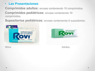 • Las Presentaciones
Comprimidos adultos: envase conteniendo 10 comprimidos.
Comprimidos pediátricos: envase conteniendo 10
comprimidos.
Supositorios pediátricos: envase conteniendo 6 supositorios.
Niños Adultos
 