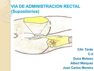 VIA DE ADMINISTRACION RECTAL
(Supositorios)
CAI- Tarde
C-2
Duna Motoso
Albert Márquez
Juan Carlos Moreira
 