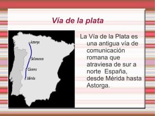 Vía de la plata
        La Vía de la Plata es
          una antigua vía de
          comunicación
          romana que
          atraviesa de sur a
          norte España,
          desde Mérida hasta
          Astorga.
 