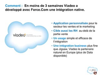 Comment :  En moins de 3 semaines Viadeo a développé avec Force.Comuneintégration native.Application personnaliséepour le secteur les ventes et le marketing