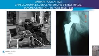 33
ANZIANI POCO ATTIVI:
CAPSULOTOMIA E LUSSAZ ANTERIORE E STELI TRADIZ.
(ANCHE CEMENTATI, SE POSSIBILE TSS)
 