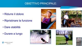 8
OBIETTIVO PRINCIPALE:
• Ridurre il dolore
• Ripristinare la funzione
• Dare stabilità
• Durare a lungo
 