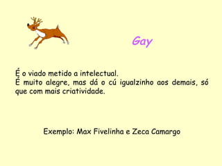 Gay É o viado metido a intelectual. É muito alegre, mas dá o cú igualzinho aos demais, só que com mais criatividade. Exemplo: Max Fivelinha e Zeca Camargo 