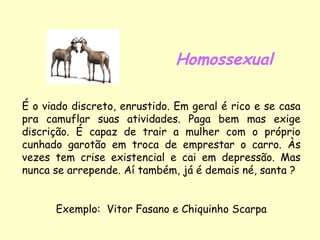 Homossexual É o viado discreto, enrustido. Em geral é rico e se casa pra camuflar suas atividades. Paga bem mas exige discrição. É capaz de trair a mulher com o próprio cunhado garotão em troca de emprestar o carro. Às vezes tem crise existencial e cai em depressão. Mas nunca se arrepende. Aí também, já é demais né, santa ? Exemplo:  Vitor Fasano e Chiquinho Scarpa 
