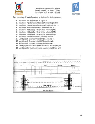 UNIVESIDAD DE SANTIAGO DE CHILE 
DEPARTAMENTO DE OBRAS CIVILES 
INGENIERIA CIVIL EN OBRAS CIVILES 
13 
Para el montaje de la viga lanzadora se siguieron los siguientes pasos: 
1. Instalación Pier Bracket (PB) en la pila 74. 
2. Instalación Viga transversal trasera (RLCB) en la pila 73-A. 
3. Instalación Viga transversal delantera (FLCB) en la pila 74. 
4. Instalación módulos 4 al 6 de la Cercha principal (MT). 
5. Instalación módulos 3 y 7 de la Cercha principal (MT). 
6. Instalación módulos 1 y 2 de la Cercha principal (MT). 
7. Instalación módulos 8 y 9 de la Cercha principal (MT). 
8. Instalación soporte delantero y trasero (FSL y RSL). 
9. Montaje de la Cercha principal (MT) módulo 3 al 7. 
10. Montaje de la Cercha principal (MT) módulo 1 y 2. 
11. Montaje de la Cercha principal (MT) módulo 8 y 9. 
12. Montaje y conexión del Soporte delantero y trasero (FSL y RSL). 
13. Montaje de las vigas transversales superiores (UCB tipo I y II) 
 