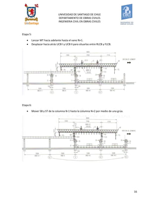 UNIVESIDAD DE SANTIAGO DE CHILE 
DEPARTAMENTO DE OBRAS CIVILES 
INGENIERIA CIVIL EN OBRAS CIVILES 
16 
Etapa 5: 
 Lanzar MT hacia adelante hasta el vano N+1. 
 Desplazar hacia atrás UCB I y UCB II para situarlas entre RLCB y FLCB. 
Etapa 6: 
 Mover SB y ST de la columna N-1 hasta la columna N+2 por medio de una grúa. 
 