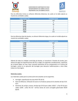 UNIVESIDAD DE SANTIAGO DE CHILE 
DEPARTAMENTO DE OBRAS CIVILES 
INGENIERIA CIVIL EN OBRAS CIVILES 
6 
Para los diferentes tramos se utilizaron diferentes distancias, los cuales en la tabla adjunta se muestra las cantidades usadas: Largo Tramo (m) Cantidad Usada 
35,00 
126 
33,25 
5 
31,50 
50 
28,00 
2 
31,50 
6 
26,25 
24 
Total 
213 
Para los diferentes tipos de dovelas, se utilizaron diferentes largos, los cuales en la tabla adjunta se muestra las cantidades usadas: Largo Dovela (m) Cantidad Usada 
1,700 
426 
1,750 
5 
2,575 
12 
2,625 
9 
3,038 
6 
3.450 
14 
3,500 
1741 
Total 
2211 
Además de todas las unidades construidas de dovelas, se necesitaron 3 dovelas de prueba, para efectos de seguir las especificaciones del ITO, se llegó a las siguientes consideraciones, superficies de la dovela deben ser lisas; hacer controles exhaustivos de los componentes en la mezcla del hormigón; control en la ejecución del hormigón para descartar malformaciones u otras fallas (nidos en el hormigón). 
Materiales Usados: 
Los materiales usados para la construcción de las dovelas son los siguientes: 
 Hormigón: especificación de clase HB 47-95-20-10. 
 Acero de Refuerzo: Utilización de acero en armaduras pasivas de las dovelas de tipo A 63- 42 H. 
 Elementos de anclaje y ductos: Anclaje tipo CR-24 para cables 19/0,6´´ y Tipo CR-16 para cables 12/06´´; cuñas VSL 0,6´´ normal; ductos de acero corrugado galvanizado OD/ID 85/79.  