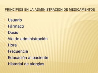  Usuario
 Fármaco
 Dosis
 Vía de administración
 Hora
 Frecuencia
 Educación al paciente
 Historial de alergias
 