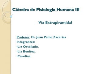 Cátedra de Fisiología Humana IIICátedra de Fisiología Humana III
Vía Extrapiramidal
Profesor: Dr. Juan Pablo Zacarías
Integrantes:
•Liz Ortellado.
•Liz Benítez.
•Carolina
 