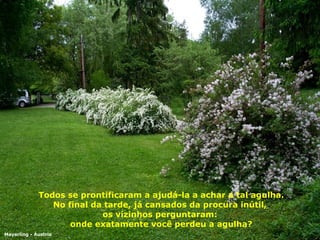 Todos se prontificaram a ajudá-la a achar a tal agulha. No final da tarde, já cansados da procura inútil,  os vizinhos perguntaram:  onde exatamente você perdeu a agulha? Mayerling - Áustria 
