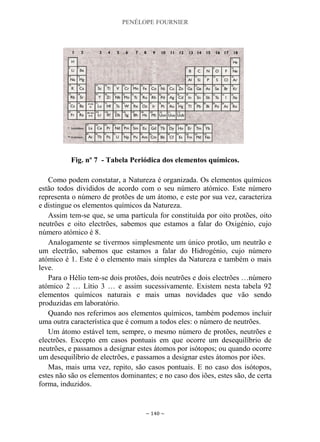PENÉLOPE FOURNIER
~ 140 ~
Fig. nº 7 - Tabela Periódica dos elementos químicos.
Como podem constatar, a Natureza é organizada. Os elementos químicos
estão todos divididos de acordo com o seu número atómico. Este número
representa o número de protões de um átomo, e este por sua vez, caracteriza
e distingue os elementos químicos da Natureza.
Assim tem-se que, se uma partícula for constituída por oito protões, oito
neutrões e oito electrões, sabemos que estamos a falar do Oxigénio, cujo
número atómico é 8.
Analogamente se tivermos simplesmente um único protão, um neutrão e
um electrão, sabemos que estamos a falar do Hidrogénio, cujo número
atómico é 1. Este é o elemento mais simples da Natureza e também o mais
leve.
Para o Hélio tem-se dois protões, dois neutrões e dois electrões …número
atómico 2 … Lítio 3 … e assim sucessivamente. Existem nesta tabela 92
elementos químicos naturais e mais umas novidades que vão sendo
produzidas em laboratório.
Quando nos referimos aos elementos químicos, também podemos incluir
uma outra característica que é comum a todos eles: o número de neutrões.
Um átomo estável tem, sempre, o mesmo número de protões, neutrões e
electrões. Excepto em casos pontuais em que ocorre um desequilíbrio de
neutrões, e passamos a designar estes átomos por isótopos; ou quando ocorre
um desequilíbrio de electrões, e passamos a designar estes átomos por iões.
Mas, mais uma vez, repito, são casos pontuais. E no caso dos isótopos,
estes não são os elementos dominantes; e no caso dos iões, estes são, de certa
forma, induzidos.
 