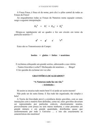 A VIAGEM NO TEMPO
~ 163 ~
A Força Fraca, é fraca só de nome, pois ela é o pilar central de todas as
Forças da Física!
Ao enquadrarmos todas as Forças da Natureza numa equação comum,
surge a seguinte interpretação:
Ffr
0
= Ff
+
+ Fem
-
+ Fg
0
Dirigiu-se rapidamente até ao quadro e fez um círculo em torno da
partícula neutrino v0
:
n0
= p+
e- (
v0)
Estes são os Transmissores de Campo:
bosões = gluões + fotões + neutrinos
E exclamou esboçando um grande sorriso, saboreando a sua vitória:
- Tantos Gravitões à solta!!! Disfarçados de neutrinos … Bingo!
E fez questão de exclamar em voz alta:
GGRRAAVVIITTÕÕEESS LLOOCCAALLIIZZAADDOOSS!!??
““AA NNaattuurreezzaa nnaaddaa ffaazz eemm vvããoo..””
-- AArriissttóótteelleess --
Só assim se encaixa tudo muito bem! E só pode ser assim mesmo!
Não pode ser de outra forma. E fica tudo tão organizado, tão simples e
belo!
A Teoria da Gravidade prevê a existência destes gravitões, com as suas
interacções com a matéria bem definidas, como tal, estes gravitões deveriam
ser representados por partículas estáveis, electricamente neutras,
provavelmente com pouca ou sem massa nenhuma, e estar presentes em
grande número e em grande quantidade, distribuídas quase que
uniformemente por todo o Universo … e isto são exactamente as
características dos neutrinos!
 