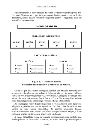 PENÉLOPE FOURNIER
~ 214 ~
Neste momento, o novo modelo da Física Moderna enquadra apenas três
Forças da Natureza; os respectivos portadores das interacções; e as partículas
de matéria, que se podem resumir no seguinte quadro: - e recolheu mais um
planisfério para consulta.
MODELO PADRÃO
PORTADORES INTERACÇÕES
GLUÃO FOTÃO BOSÃO BOSÃO HIGGS
ɡ γ W±
Z0
ɸ
PARTÍCULAS MATÉRIA
LEPTÕES QUARKS
e electrão νe neutrino electrónico u cima d baixo
μ muão νμ neutrino muónico c encantado s estranho
τ tau ντ neutrino tauónico t topo b fundo
Fig. nº 12 - O Modelo Padrão
Partículas das Interacções e Partículas de Matéria.
Dir-se-ia que esta teoria conseguiu compor um Modelo Standard que
organiza três famílias de partículas e três forças não gravitacionais: a Força
Forte, a Força Electromagnética e A Força Fraca. Conseguiu até atingir uma
interacção mais íntima entre Força Fraca e Força Electromagnética unindo
estas duas forças numa única força comum: a Força Electrofraca.
As interacções Forte, Electromagnética e Fraca admitem uma descrição
adequada e precisa em termos quânticos. De facto, são formuladas nos
termos de uma teoria matemática de campos quânticos testada
experimentalmente, com imensa precisão e sem precedentes. O que já é um
excelente avanço em direcção a uma Teoria Unificada.
A maior dificuldade reside novamente em incorporar neste modelo uma
teoria quântica da Gravidade. Contudo, no nosso caso, o problema que se
 