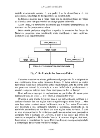 A VIAGEM NO TEMPO
~ 259 ~
sentido exactamente oposto. O seu poder é o de desunificar e é, por
conseguinte, uma força do desequilíbrio e da instabilidade.
Podemos considerar que a Força Fraca está na origem de todas as Forças
da Natureza uma vez que somente esta força quebra a simetria.
Assim sendo, é a partir desta dissimetria que evoluem e emergem todas as
restantes três forças que nos rodeiam.
Deste modo, podemos simplificar o quadro da evolução das forças da
Natureza, propondo uma ramificação mais equilibrada e mais simétrica,
dispondo-as da seguinte forma:
Fig. nº 18 - Evolução das Forças da Física.
Com esta estrutura em mente, podemos realçar que não foi a temperatura
que condicionou todos estes processos físicos. O factor externo de maior
relevância e que mais condicionou estas circunstâncias, está de acordo com
um processo natural de evolução e a sua influência é predominante e
crucial… o agente externo mais eficaz neste processo foi…o Tempo!
Devo relembrar-vos que os aceleradores de partículas não conseguem
reproduzir todas as forças … e o Tempo, é uma grande Força!
O tempo é uma grande força mas dada a sua extraordinária subtileza e o
carácter discreto das sua acções nunca ninguém repara nesta força … Mas
esta força actua constantemente, habilmente, sem se fazer notar. É um actor
que dissimula a sua verdadeira natureza e identidade, mostrando-se, na
realidade, escondendo-se por detrás das suas acções sobre as coisas. É com
os seus actos que temos de contar para podermos desenhar uma perspectiva
completa para a evolução do Universo, é com a sua acção que temos de
conceber e enquadrar a História do Cosmos. A estrutura simples, funcional,
harmoniosa e encantadora do nosso Universo deve-se à complementaridade
e à interacção de todo este conjunto de forças.
 