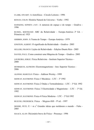 A VIAGEM NO TEMPO
~ 347 ~
CLARK, STUART: A Astrofísica – Círculo Leitores - 1996
RONAN, COLIN: História Natural do Universo – Verbo - 1992
HAWKING, SEPHEN e R.P.: A natureza do espaço e do tempo – Gradiva -
1996
RUSSEL, BERTRAND: ABC da Relatividade – Europa-América 2ª Ed. –
Primeira ed. 1925
GRIBBIN, JOHN: A Trama do Tempo – Europa-América - 1979
EINSTEIN, ALBERT: O significado da Relatividade – Gradiva - 2003
SELLERI, FRANCO: Lições de Relatividade – Edições Duarte Reis - 2005
DAVIES, PAUL: Como construir uma Máquina do Tempo – Gradiva - 2003
LOUREIRO, JORGE: Física Relativista – Instituto Superior Técnico –
2008
HENRIQUES, ALFREDO: Electromagnetismo – Inst. Superior Técnico -
2006
ALONSO, MARCELO: Física – Addison Wesley - 1999
SERWAY, RAYMOND: Física 1 Mecânica – LTC – 3ª 1992
SERWAY, RAYMOND: Física 2 Ondas e Termodinâmica – LTC – 3ª Ed. 1992
SERWAY, RAYMOND: Física 3 Electricidade e Magnetismo – LTC – 3ª Ed.
1992
SERWAY, RAYMOND: Física 4 Física Moderna – LTC – 3ª Ed 1992
BUECHE, FREDERICK: Física – Mcgraw-Hill – 9ª ed. - 1997
MOORE, PETE: E = m c2
Grandes ideias que moldaram o mundo – Fubu -
2005
ISAACS, ALAN: Dicionário breve de Física – Presença - 1996
 