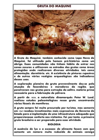 A Gruta do Maquiné, também conhecida como Lapa Nova do
Maquiné, foi utilizada pelo homem pré-histórico como um
abrigo. Essas comunidades não tinham hábito de entrar nas
zonas escuras e utilizavam as entradas das grutas como áreas
protegidas onde realizavam diversas atividades, tais como
alimentação, dormitório, etc. A existência de pinturas rupestres
e de outros vários vestígios arqueológicos são indicadores
desses usos.
A exploração pioneira da gruta provavelmente deu-se pela
atuação de fazendeiros e moradores da região, que
penetravam nas grutas para extração do salitre, matéria prima
necessária para a fabricação de pólvora.
A partir de 1834, o naturalista dinamarquês Peter W. Lund,
realizou estudos paleontológicos nessa gruta, encontrando
vários fósseis de mamíferos.
A gruta sempre foi muito procurada por turistas, mas somente
em 1967 recebeu investimentos mais expressivos do Governo do
Estado para a implantação de uma infraestrutura adequada que
proporcionasse conforto aos visitantes. Foi, por tanto, a primeira
gruta brasileira a ser preparada para essa atividade.
BIOLOGIA
A ausência de luz e a escassez de alimento fazem com que
somente um número muito reduzido de animais consiga
 