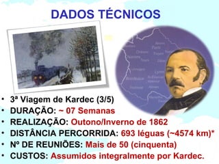 DADOS TÉCNICOS




•   3ª Viagem de Kardec (3/5)
•   DURAÇÃO: ~ 07 Semanas
•   REALIZAÇÃO: Outono/Inverno de 1862
•   DISTÂNCIA PERCORRIDA: 693 léguas (~4574 km)*
•   Nº DE REUNIÕES: Mais de 50 (cinquenta)
•   CUSTOS: Assumidos integralmente por Kardec.
 
