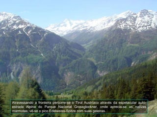 Atravessando a fronteira percorre-se o Tirol Austríaco através da espetacular auto-estrada Alpina do Parque Nacional Grossglockner, onde aprecia-se as nativas marmotas; vê-se o pico Edelweiss-Spitze com suas geleiras. 