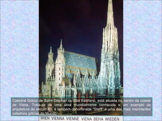 Catedral Gótica de Saint Stephan ou São Estéfano, está situada no centro da cidade
de Viena. Trata-se de uma obra mundialmente conhecida e um exemplo da
arquitetura do século XII, é também denominada "Steffl" é uma das mais importantes
catedrais góticas do Mundo.
 