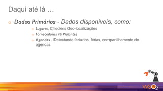 o  Dados Primários - Dados disponíveis, como:
o  Lugares, Checkins Geo-localizações
o  Fornecedores vs Viajantes
o  Agendas - Detectando feriados, férias, compartilhamento de
agendas
 