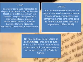 1º EIXO
o narrador conta suas impressões de
viagens, intercalando citações literárias,
filosóficas e históricas, com um tom
subjetivo e repleto de digressões e
intertextualidades. Citações:
Shakespeare, Camões, Cervantes,
Goethe e Homero, Napoleão
Bonaparte, D. Fernando, Bacon e outros.
2º EIXO
interposto no meio dos relatos de
viagem, conta o drama amoroso que
envolve cinco personagens. Essa
narrativa amorosa tem como pano
de fundo as lutas entre liberais e
miguelistas (1830 a 1834).
No final do livro, Garret utiliza-se
da Metalepse (encontro do autor
com a sua ficção – o autor torna-se
parte da narração, conversa com as
personagens e até lê a Carta de
Carlos).
 