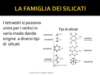 I tetraedri si possono
unire per i vertici in
vario modo dando
origine a diversi tipi
di silicati
2I AFM ITGC "A. ORIANI" FAENZA
 