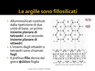  Alluminosilicati costituiti
dalla ripetizione di due
unità di base: un primo
insieme planare di
tetraedri e un secondo
insieme planare di
ottaedri
 L’insiemi degli ottaedri e
tetraedri sono chiamati
fogli
 Il prefisso fillo deriva dal
greco φύλλον foglia
2I AFM ITGC "A. ORIANI" FAENZA
 